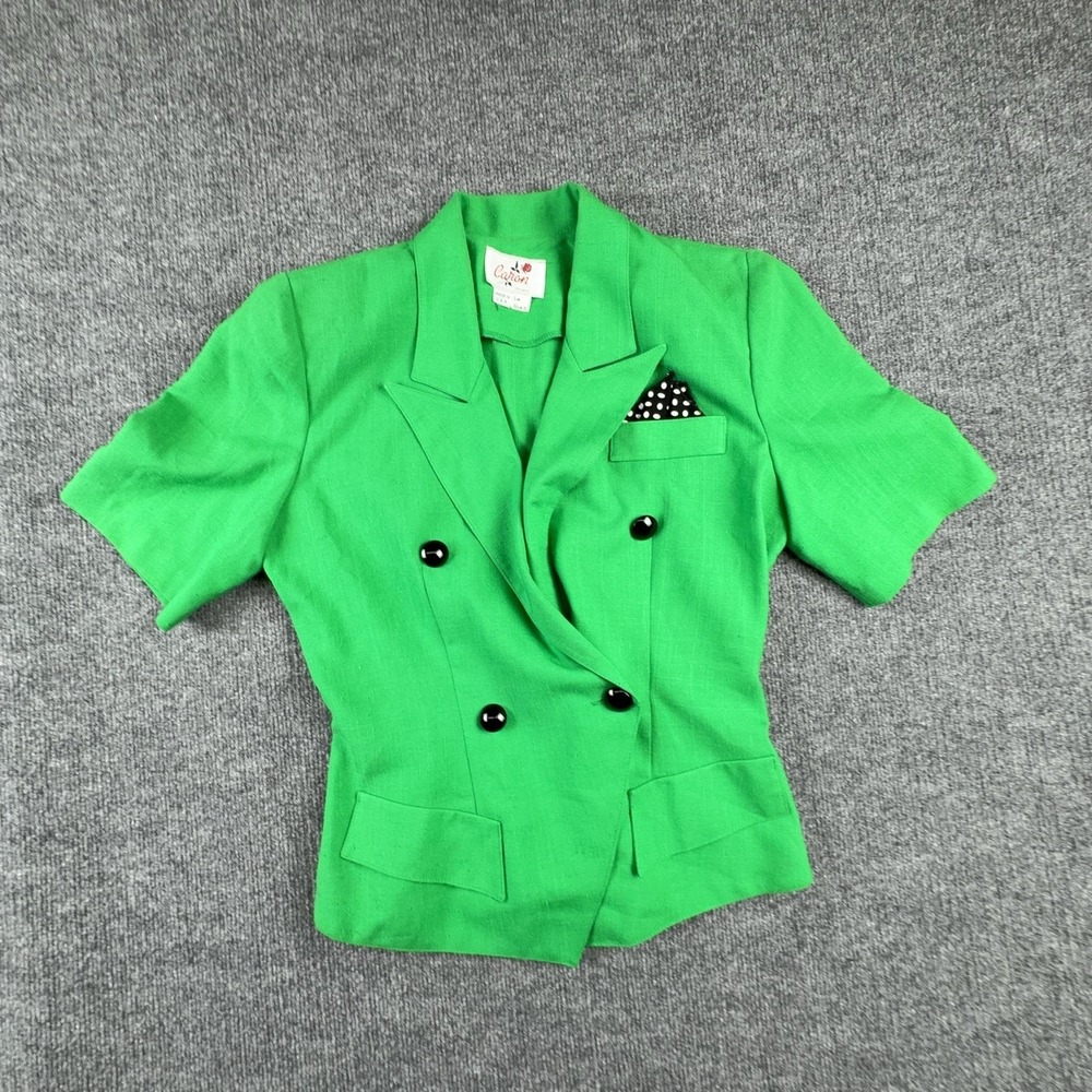 Vintage Caron Blazer Womens 6 Green Short Sleeve Double Breasted Jacket USA